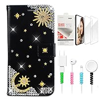 STENES Bling Wallet Phone Case Compatible with iPhone 13 Pro Max Case - Stylish - 3D Handmade Sun Stars Night Moon Glitter Wallet Leather Cover with Screen Protector & Cable Protector - Blue
