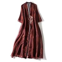 Silk Organdy Chinese Embroidery Cardigan Dress Long Robe Dress Romantic Tassels Cotton Lining