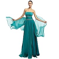 Teal Chiffon Strapless Ruffled Skirt Prom Dresses With Beaded Belts