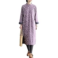 Women Floral Printed Dress Chinese Style Fleece Lined Casual Long Maxi Dress for Winter Violet
