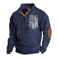 Men's USA Flag American Patriotic Sweatshirts Stand Collar Button Long Sleeve Patchwork Print Pullover Sweatshirts
