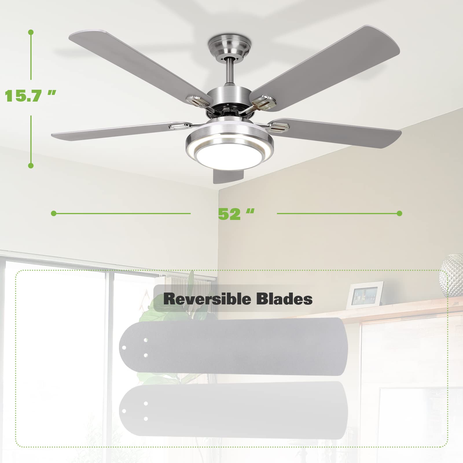 hykolity 52 Inch Ceiling Fans with Lights (Integrated LED) Remote Control, Reversible Motor and Blades, ETL Listed, for Patio Living Room, Bedroom, Office - Brushed Nickel (5-Blades)