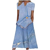 Summer Dresses for Women 2023 Maxi,Womens Marble Graphic Short Sleeve Beach Dress Plus Size V Neck Pocket Sundresses