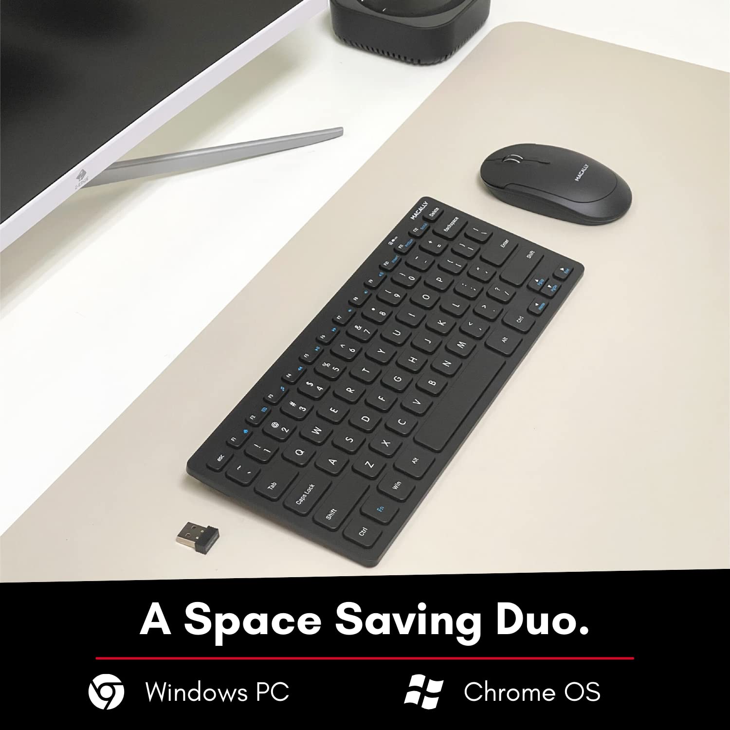 Macally Small Wireless Keyboard and Mouse Combo for PC - an Essential Work Duo - 2.4G - 78 Compact Key Cordless Mouse and Keyboard Combo with Mini Body and Quiet Click