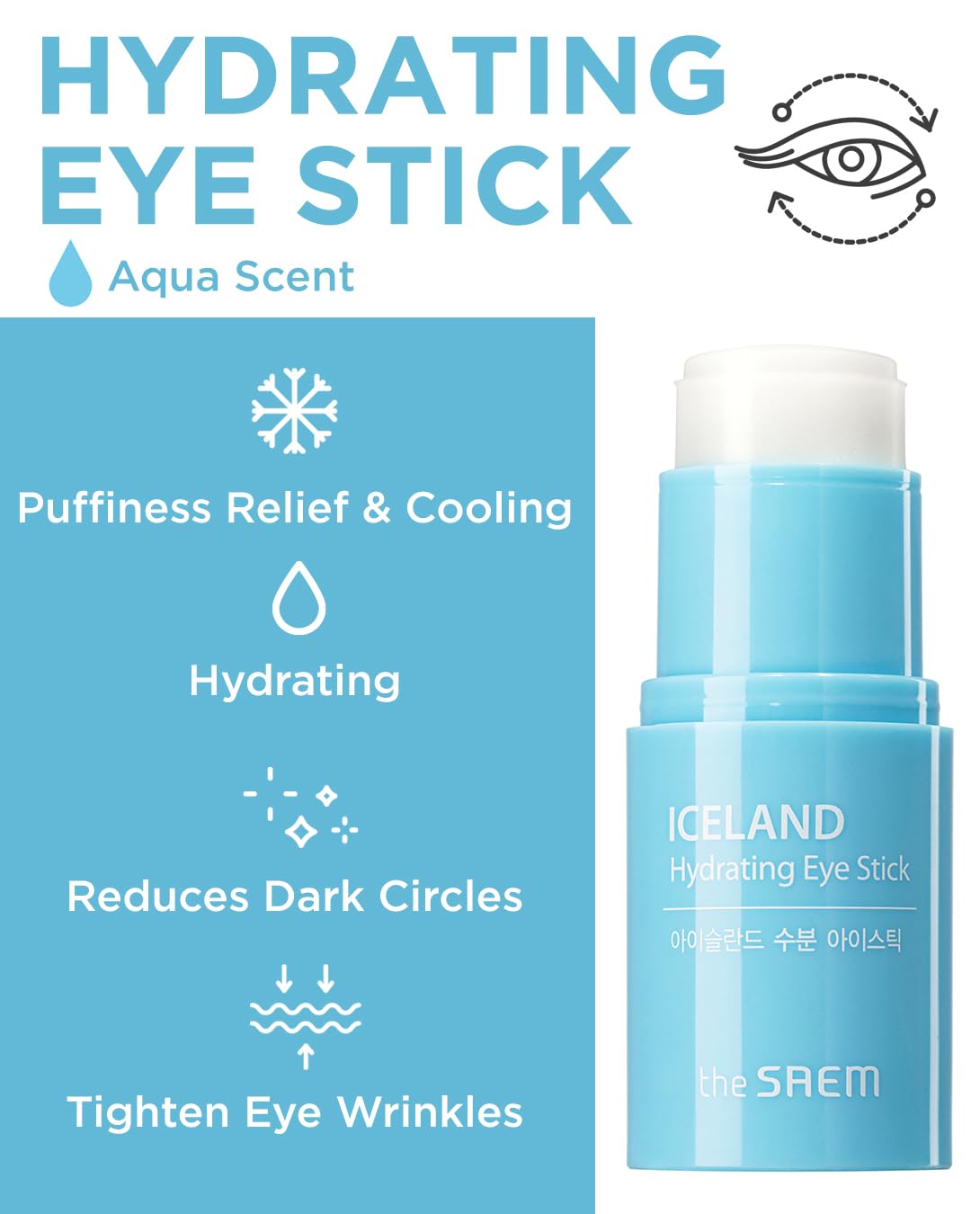 The SAEM Iceland Hydrating Eye Stick 0.24oz - Cooling Eye Balm for Dark Circles and Puffiness – Under Eye Treatment - Reduce Wrinkles and Moisturizing - Minimize Dark & Puffy Eyes - Aqua Scent
