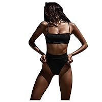 Womens Bikini Set Summer 2024 Mid Rise Solid Color Sexy Triangle Two Piece Swimsuit Modest High Waist Swimwear