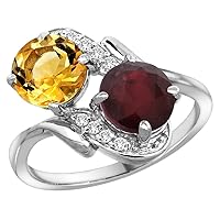 14k White Gold Diamond Natural Citrine & Enhanced Genuine Ruby Mother's Ring Round 7mm, 3/4 inch Wide, Sizes 5-10