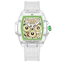 RORIOS Men's Analogue Quartz Watch Transparent Tonneau Wrist Watch Multifunctional Fashion Watch Waterproof Chronograph Watch for Boy Silicone Strap