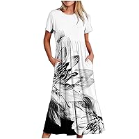 Women's Summer Casual Sundress Floral Short Sleeve Crewneck Flowy Tiered Maxi Beach Dress Beach Midi Dress with Pockets