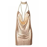 DINA Metallic Shiny Collar Open Back Sexy Mini Dress Metal Fabric Gold Silver