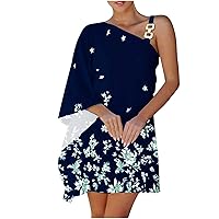 Womens One Shoulder Strap Batwing Sleeve Asymmetrical Dress Summer Flower Print Trendy Flowy Cute Mini Dresses