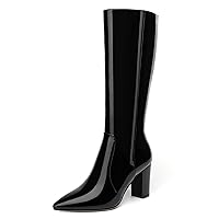 Womens Zip Pointed Toe Fashion Dating Solid Patent Chunky High Heel Knee High Boots 3.3 Inch