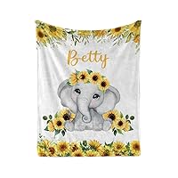 Custom Baby Blanket with Name for Baby Girls Boy, Personalized Elephant Sunflowers Throw Blanket for Kids Toddler Newborn Birthday Gifts, Soft Plush Fleece Sofa Bed Blanket 50