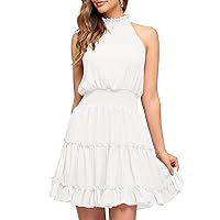 MEROKEETY Women's Summer Casual Halter Neck A Line Dress Sleeveless Smocked Waist Ruffle Mini Dress