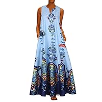 African Print Maxi Dresses for Women Vintage Printed Sleeveless Plus Size Bohemian V Neck Maxi Long Dress