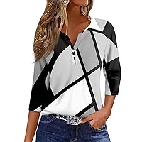 Short Sleeve Shirts for Women,3/4 Length Sleeve Womens Tops Button Henley V Neck Shirts Henley 2024 Summer Blouses Dressy Fashion Print Clothes Women's 3/4 Sleeve Shirts