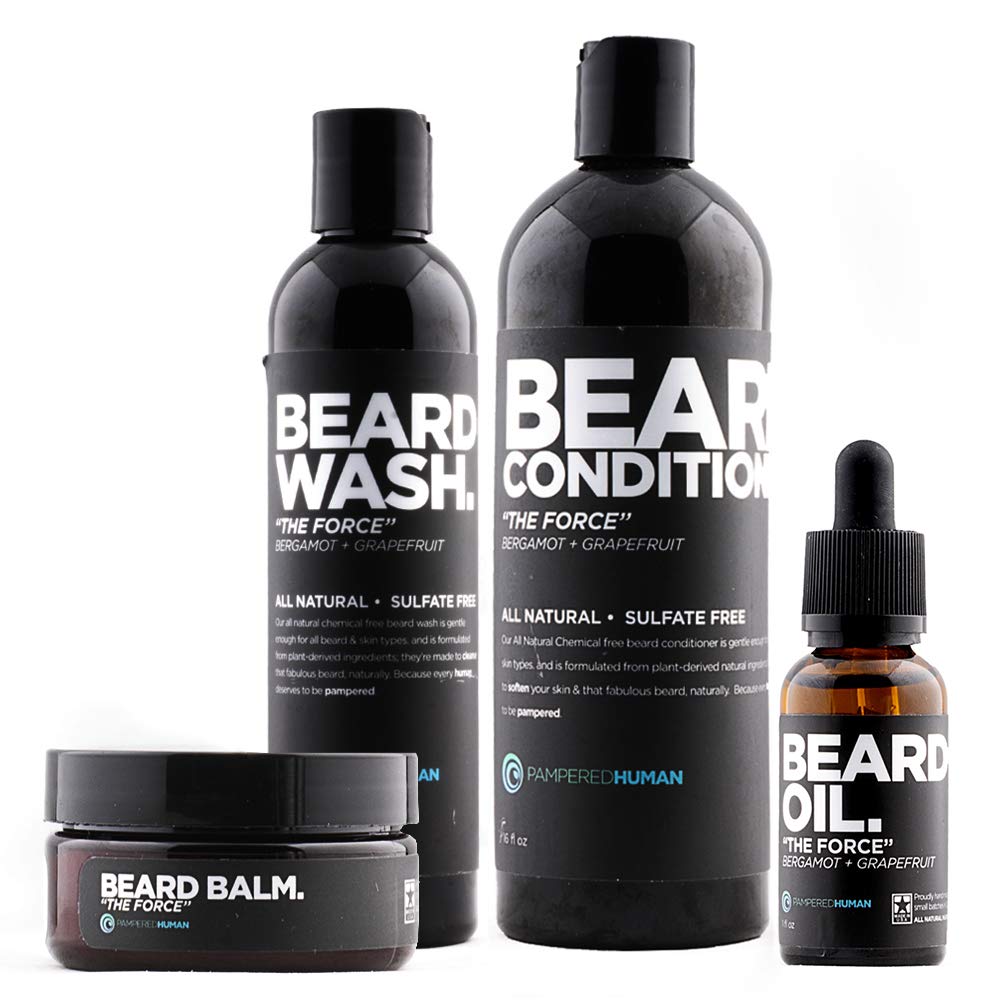 Beard Balm, Oil, Shampoo and Conditioner 4 Piece Beard Kit for Men - The Force (Bergamot Grapefruit)