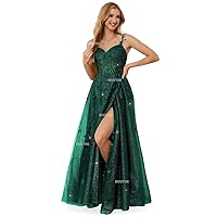 Lace Appliques Corset Prom Dresses 2024 Long Spaghetti Straps Glitter Tulle Ball Gowns Formal Evening Dress with Slit