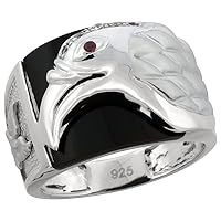 Mens Sterling Silver Cubic Zirconia Black Onyx American Eagle Ring 5/8 inch Wide