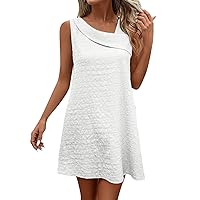 Independence Day Fashion Beach Tunic Dress Womens High Waist Sleeveless Crewneck Fit Ladies Soft Cotton Solid White XXL