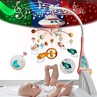 Baby Musical Crib Mobile with Night Lights and Relaxing Music,Hanging Rotating Animals Rattles,Stars Projection,Remote Control,for Boy Girl Newborn Baby Toys（Pink）