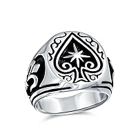 Antiqued Style Etched Good Luck Gambler Las Vegas Lucky Star Casino Elegant Black Spade Ring For Men .925 Sterling Silver