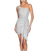 Women's One Shoulder Sequin Dress High Waist Lace-Up Formal Dress Glitter Evening Gowns Sparkle Bag Hip Mini Dresses