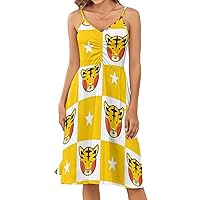 Tiger Star Yellow White Chess Board Women's Summer Dress Spaghetti Strap Swing Sundress V Neck Midi