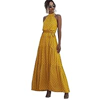 Womens Fall Fashion 2022 Halter Self Tie Ruffle Hem Polka Dot Dress (Color : Yellow, Size : Large)