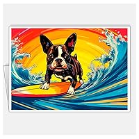 Assortment All Occasion Greeting Cards, Matte White, Dogs Surfers Pop Art, (8 Cards) Size A6 105 x 148 mm 4.1 x 5.8 in #2 (Boston Terrier Dog Surfer 3)