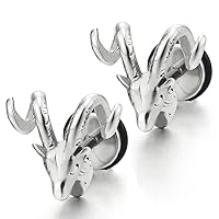 Mens Womens Goat Horn Stud Earrings in Stainless Steel, Screw Back, 2 pcs
