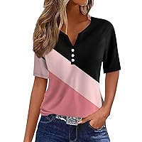 Button Short Sleeve Tee Ladies Shirt V-Neck Tshirt Print Blouse Daily Regular Dressy Tops Casual Summer Tunic