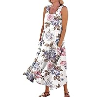 Sundresses for Women 2024 Maxi Bohemian Dress for Women 2024 Floral Print Casual Loose Fit Linen with Sleeveless U Neck Pockets Dresses Light Purple Small
