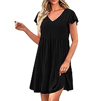 Summer Outfits for Women, Casual Dresses Mini Sundresses Solid Cap Sleeve V Neck Tiered Ruffle Dress, S, XXL