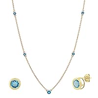 Dazzlingrock Collection Round Blue Topaz Solitaire Style Necklace & Stud Earrings Set for Women in Gold