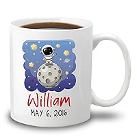 Personalized Cute Space Astronaut On Moon White Coffee Mug Gift For Men Women, Funny Astronaut On Moon On A Space Ceramic Teacup Mug 11 15 Oz, Custom Name & Date Travel Mug Gift For Space Astronaut
