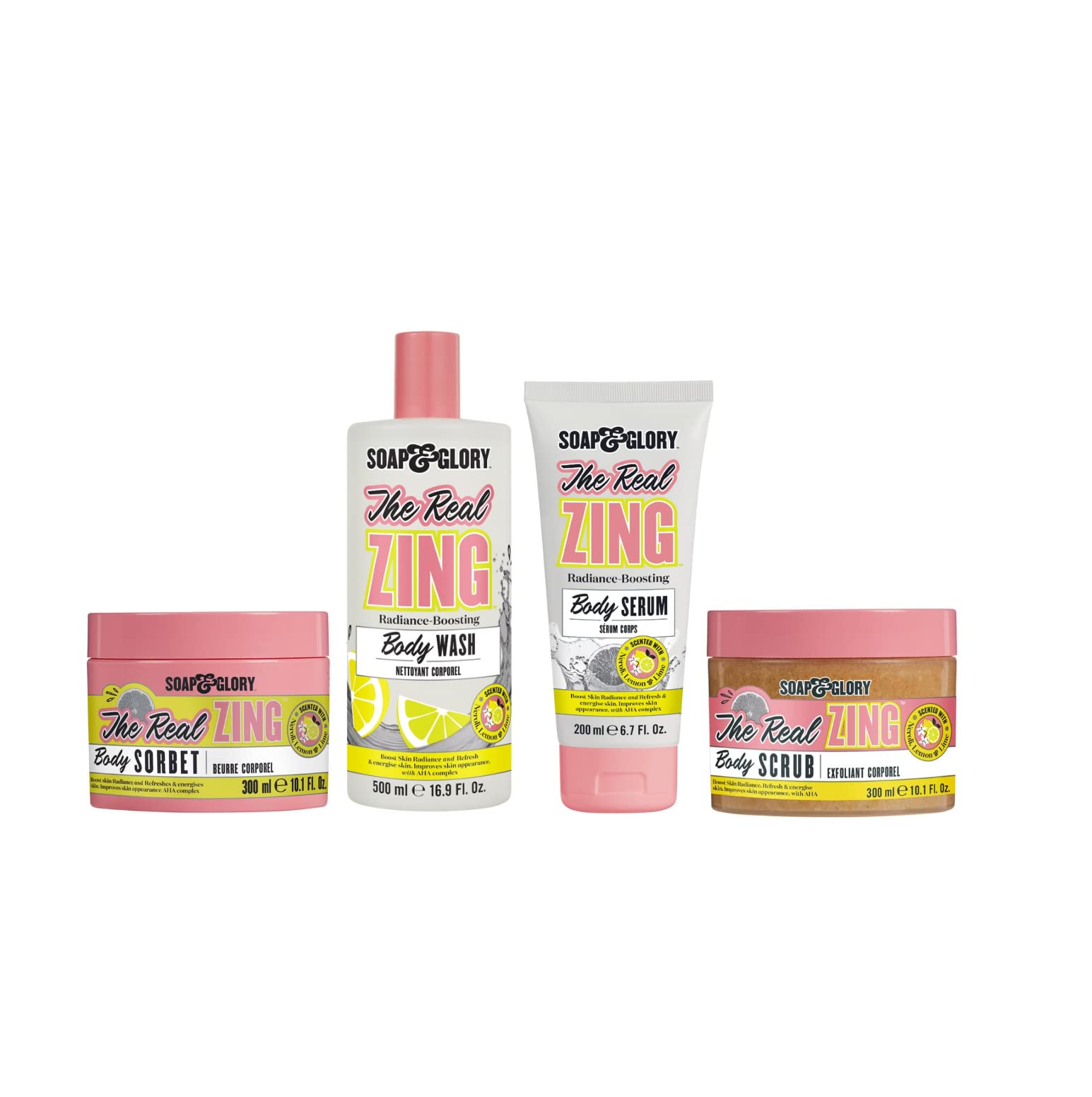 Soap & Glory Real Zing Everything - Radiance Boosting Body Wash (500ml), Body Serum (200ml), Body Scrub (300ml) and Body Sorbet (300ml) - Citrus Body Moisturizer & Hydrating, Sorbet-y Skin Cream