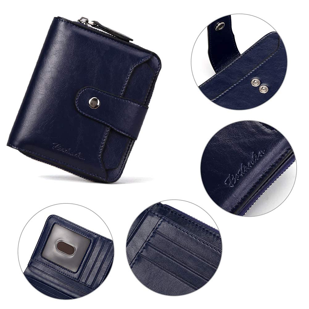 BOSTANTEN Women Handbag Genuine Leather Tote Shoulder Purses Bundled with Zipper Pocket Small Bifold Wallet Card Case Navy Blue