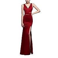 Azuki Sexy High Split Dress for Women V-Neck Sleeveless Waist Cut Out Solid Colors Evening Gowns with Hanging Chains