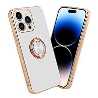 Case Compatible with Apple iPhone 14 PRO MAX in Glossy White - Gold with Ring - Protective Cover Made of Flexible TPU Silicone, with Camera Protection and Magnetic car Holder