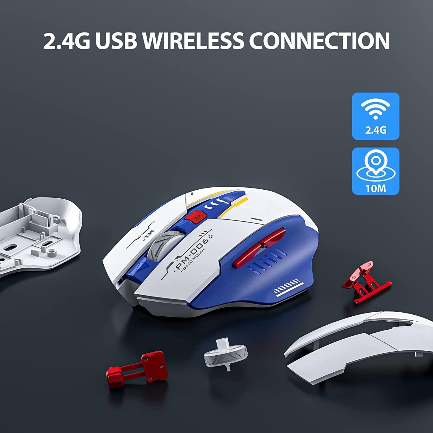 GameXtrem Wireless Mouse, Rechargeable Ergonomic Silent Mice with 2.4G USB Receiver Mecha Style Mouse Wireless for Laptop Computer Mac MacBook, Blue & White
