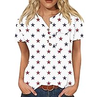Women's Tops American Flag 4Th of July 2024 Casual Star Stripes Pocket Button Down V Neck Short Sleeve Shirts
