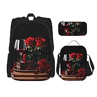 3Pcs Backpack Sets, Print Red Rose and Wine Romantic Lovers Decor Backpack with Lunch Box And Pencil Case, Large Capacity Backpack Bookbag