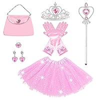 Princess Dress Up Accessories Tulle Skirt Toddler Tutu Costume Toys with Princess Crown Gloves Wand Earrings Ring Handbag 9pcs Girl Role Play Gift Set Birthday Party Favors for 3-8 Years Girls