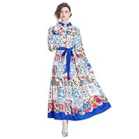 Vintage Baroque Floral Print Stand Mock Neck Bow Tie Long Sleeve Women Ladies Casual Party Vacation Maxi Shirt Dresses