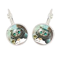 Alice in Wonderland Inspired Earrings Cute Cheshire Cat Dome Dangled Earring