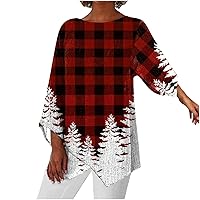 Long Sleeve Christmas Pattern Plus Size Tunic Tops for Women Cute Reindeer Xmas Tree Graphic Tee Shirts Irregular Hem Blouses