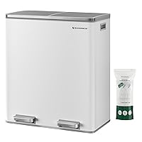 SONGMICS Trash Can, 2 x 8 Gal Garbage Can for Kitchen, with 15 Trash Bags, 2 Compartments, Plastic Inner Buckets and Hinged Lids, Airtight, White and Grey LTB60WT