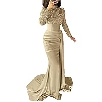 Mermaid Elegant Evening Dress High Neck Long Sleeve Sweep/Brush Train Prom Dress Satin with Pearls Sequin 2024