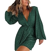 RanRui Women's Sexy Sequin Long Sleeved Dress and Short Dress Sparkly Cocktail Shorts Dress V Neck Glitter Party Dress
